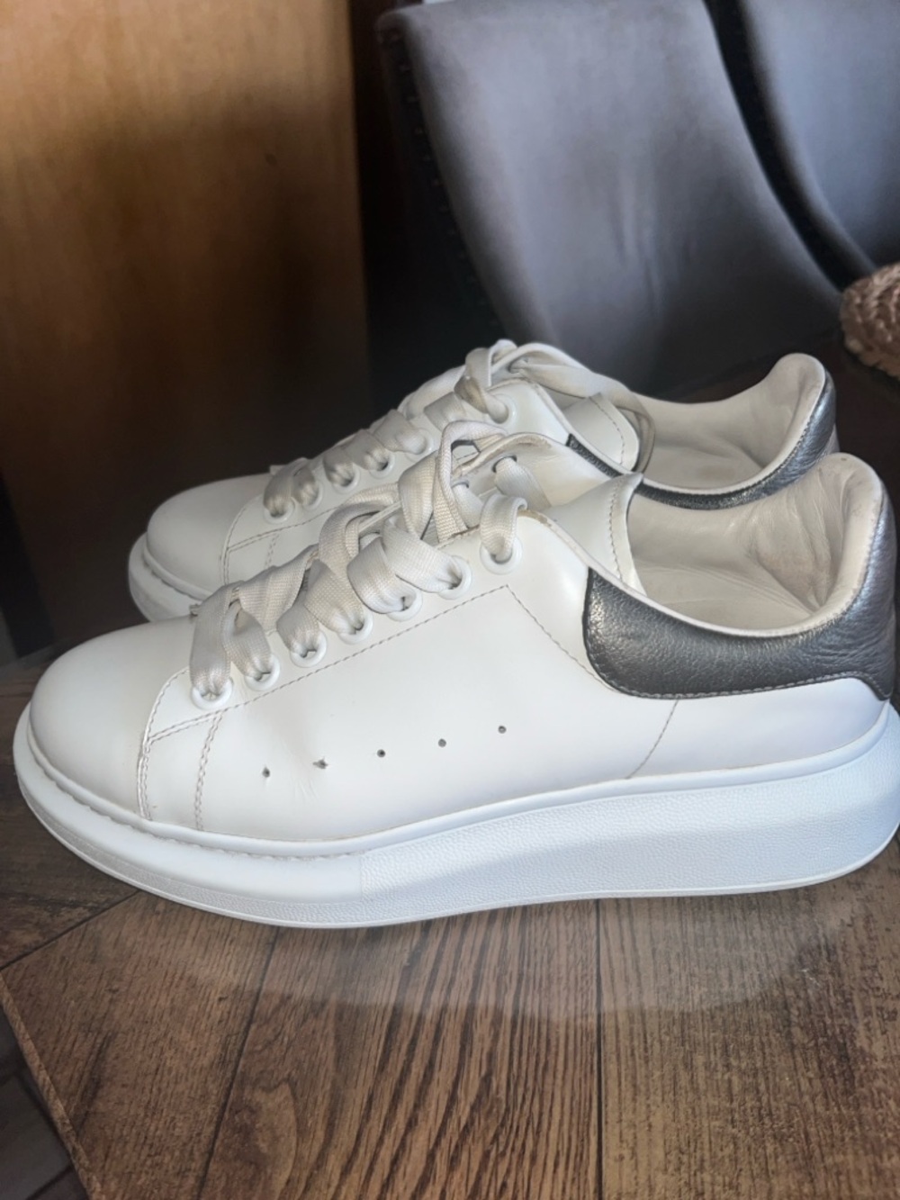 Alexander McQueen White Leather Platform Sneakers with Silver Heel
